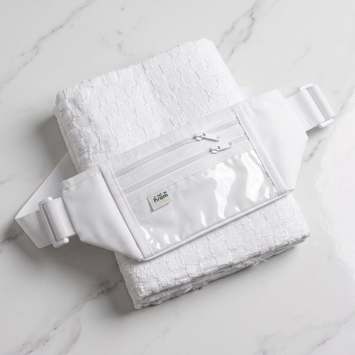 Plain white Ahram set with a waist bag