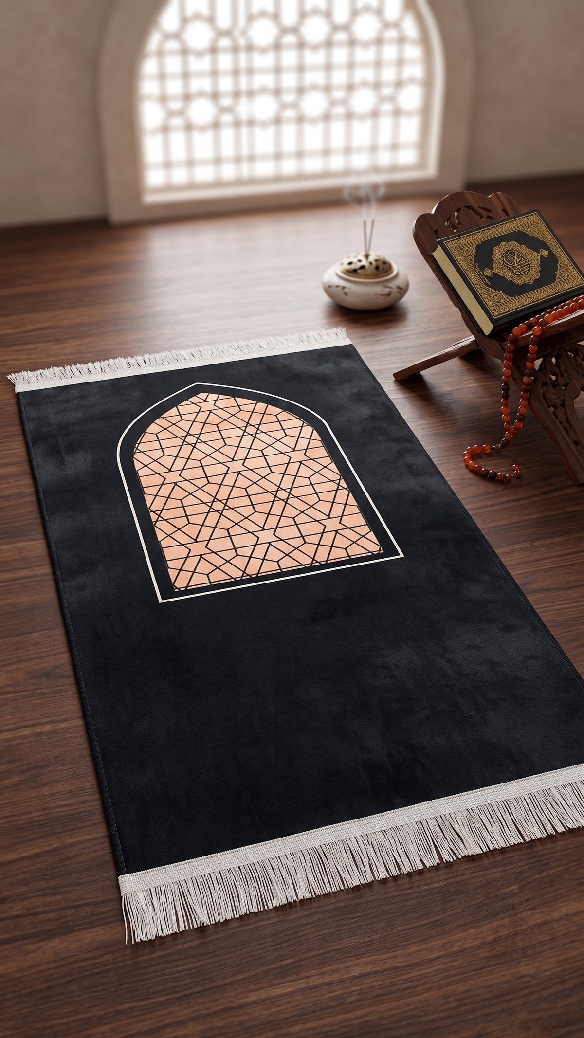 3D Janamaz 169 - Black prayer mat with golden arch design