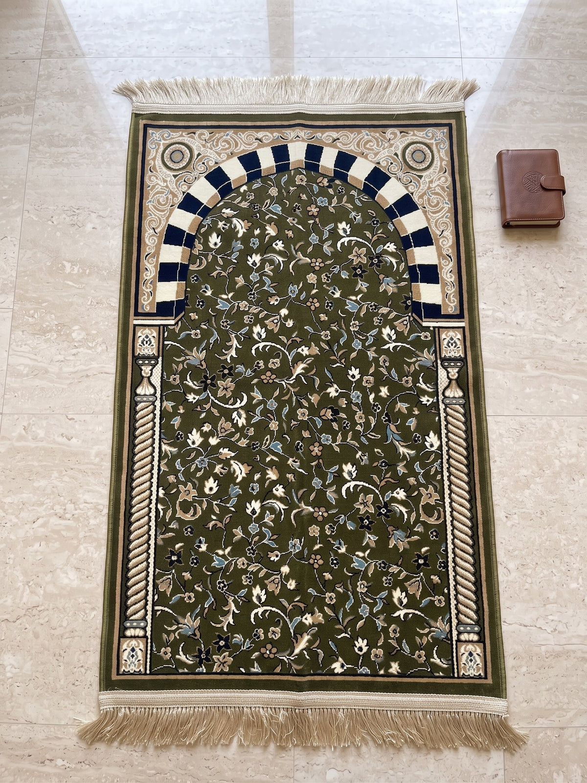 Madina Janamaz 383 - olive green floral prayer mat with striped arch
