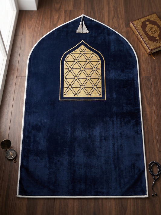 3D Janamaz 167 - Navy blue arch prayer mat with golden geometric mihrab design