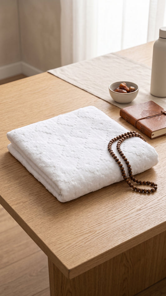 Men's Standard white Ahram Ihram set folded on a table