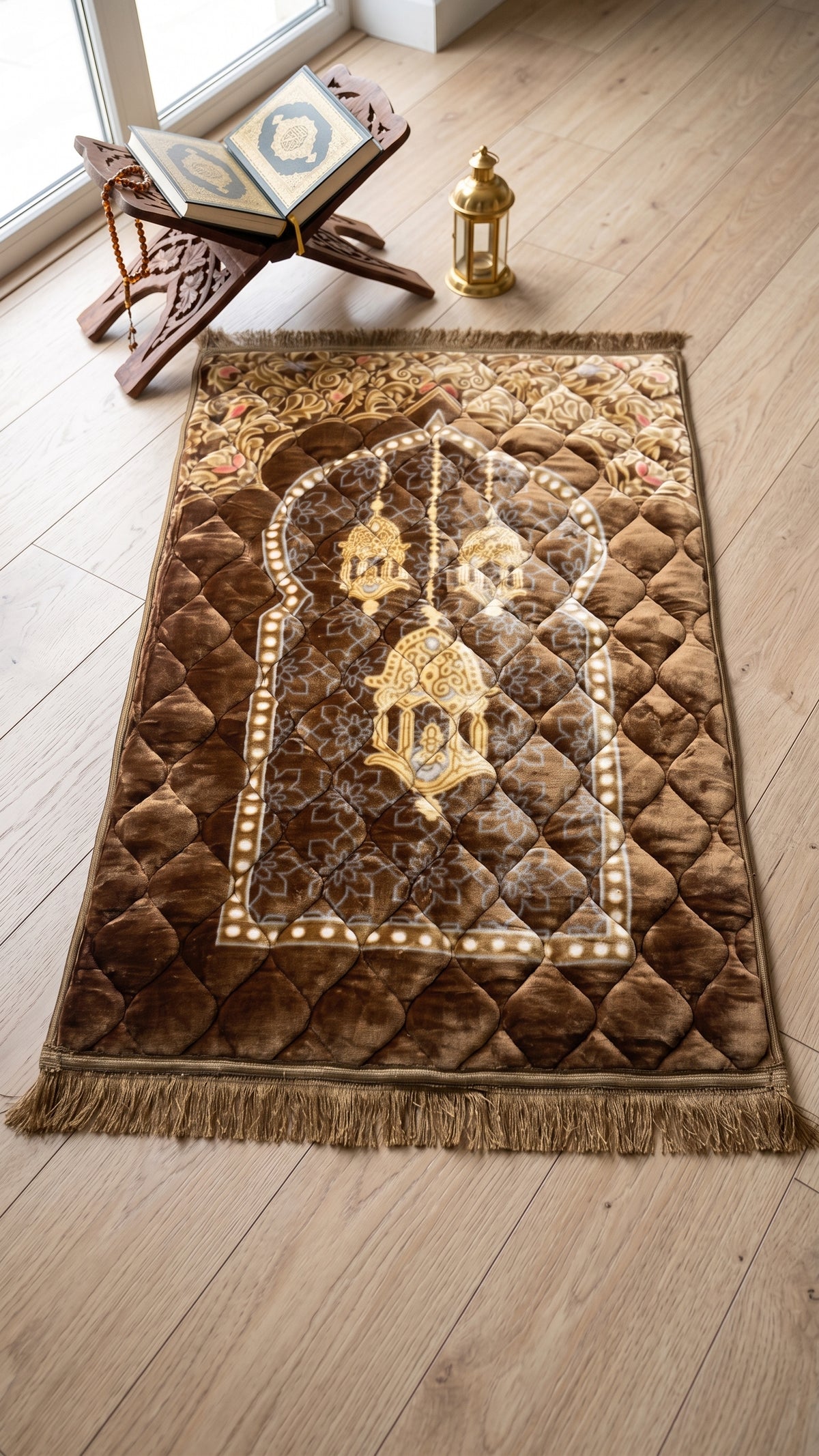 Foam Janamaz 231 - Brown quilted prayer mat with Moroccan arch and golden lanterns