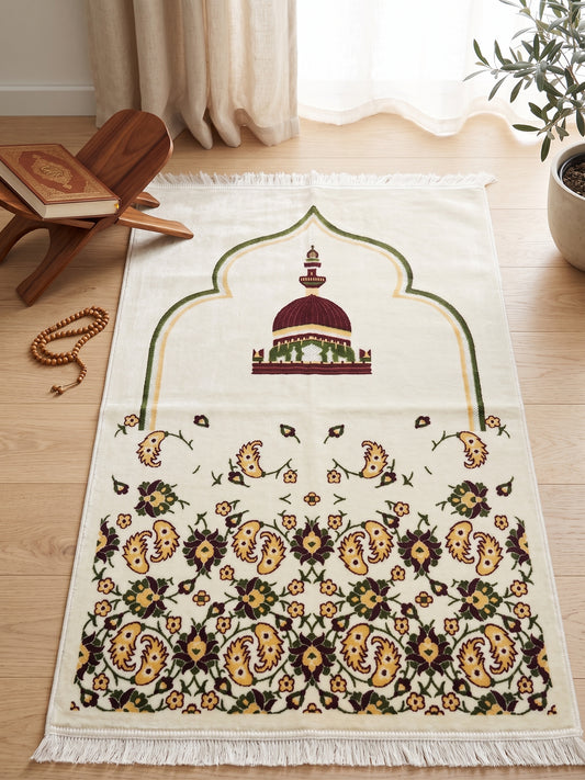 White Turkey Janamaz - 221 with mosque motif and floral detailing